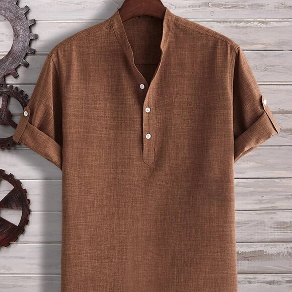. Other - Coffee Brown Casual Mens Half Button Roll Up Sleeve Shirt